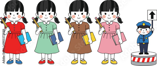 School girl characters holding pencils and books with traffic police officer cartoon vector illustration collection for education concept
