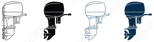 Boat engine icon set, isolated on white background, vector illustration collection featuring marine propulsion systems, outboard motor symbols, and boating equipment icons.