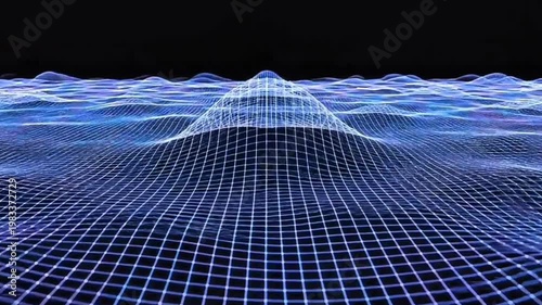 Dynamic digital landscape of shimmering blue grid lines forming an undulating terrain with a prominent central peak, illustrating abstract data visualization and technological wave simulations