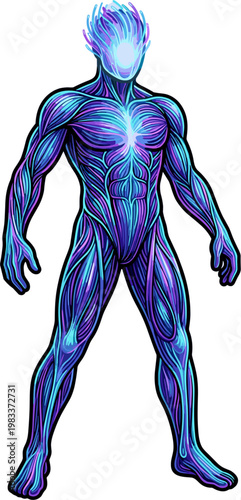 A pixel art illustration of a glowing humanoid figure with electric blue and purple energy. The figure has flowing hair and stands in a dynamic pose, showcasing a conceptual science fiction character.