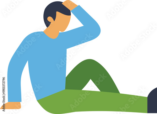 Man sitting on the floor with hand on head, feeling tired, stressed, or having a headache