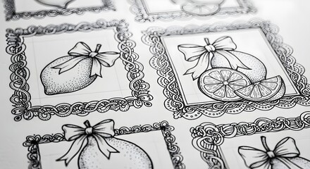black and white illustration of lemons with bows in ornate frames for coloring book or stationery