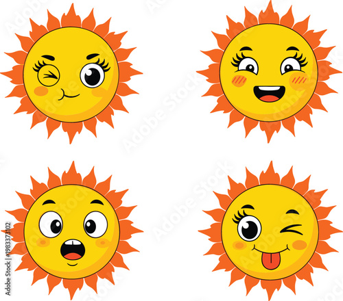 Cute sun cartoon characters with different facial expressions smiling winking surprised vector illustration collection for weather and kids design