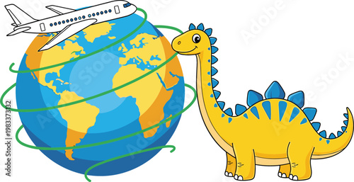 Airplane flying around globe with cute dinosaur cartoon vector illustration for travel education and world adventure concept