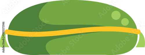 Green pillow or sleeping bag icon with yellow strap on white background