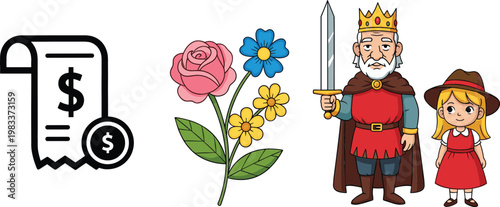 Receipt payment icon colorful flowers king with sword and girl character cartoon vector illustration collection