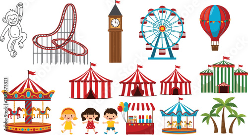 Amusement park carnival elements set with roller coaster ferris wheel tents carousel hot air balloon and kids cartoon vector illustration
