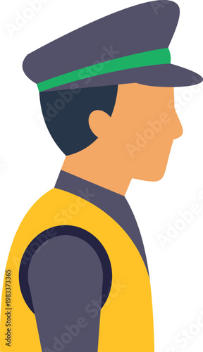 Professional man wearing a uniform, hat, and yellow vest in flat vector icon style