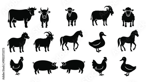 A collection of black silhouette farm animals including cows sheep goats horses pigs and poultry