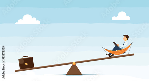 Work life balance concept with businessman relaxing on seesaw with suitcase