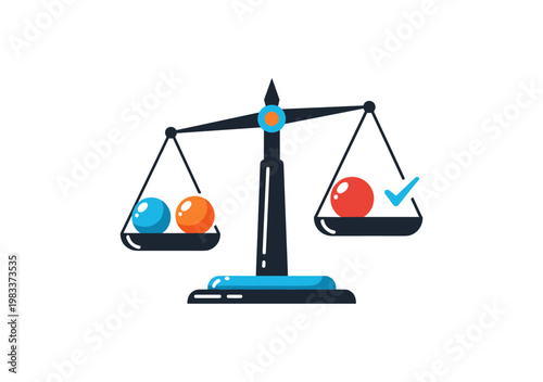 Balance scale with red and blue spheres and checkmark symbol