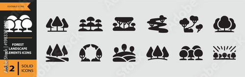 Collection of forest landscape elements icons in solid black