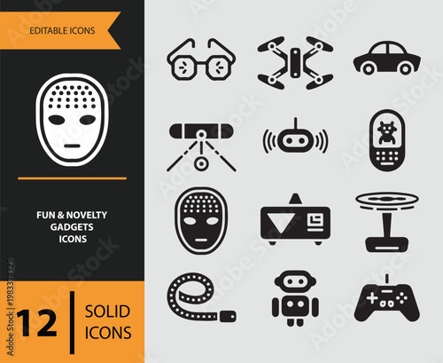 Collection of fun and novelty gadgets icons in solid black