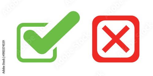 Green check mark and red cross checkbox icons for UI validation. Right and wrong choice symbols for digital quiz and form success feedback.
