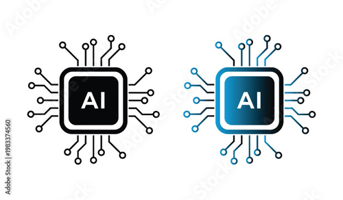 AI artificial intelligence microchip icon set. Processor CPU circuit board symbols in black and blue gradient. Vector tech computing signs for startup dashboard design.