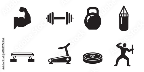 Fitness equipment icons strength training and cardio workout symbols