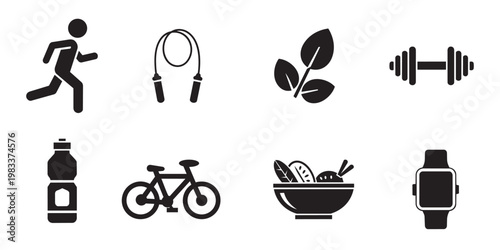 Fitness and healthy lifestyle icon set. Gym equipment, running, cycling, and nutrition symbols. Black silhouette vector graphics for fitness app and wellness dashboard design.