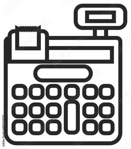 Cash register vector icon illustration, minimalist black line art symbol of a point of sale terminal with receipt paper and digital display for retail, commerce, and business transactions.