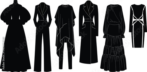 Elegant women's fashion silhouettes featuring dresses, coats, and jumpsuits.