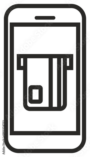 Black vector icon illustration of a smartphone with a credit card being inserted into a slot on the screen, representing mobile payment, digital wallet, e-commerce, and online banking concepts.