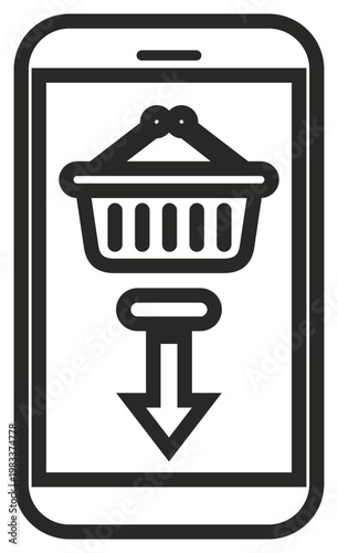Black vector icon illustration of a smartphone with a shopping basket and a downward arrow on the screen, symbolizing mobile commerce, online shopping, and digital retail on a white background.