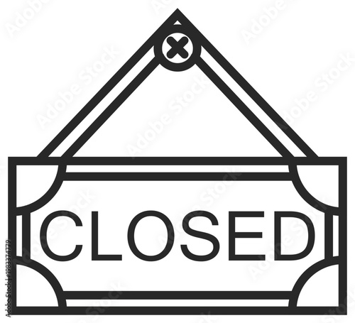 Minimalist black line art vector icon illustration of a hanging closed sign for retail stores, business storefronts, or shops, featuring decorative corners and a hanging rope on a white background.