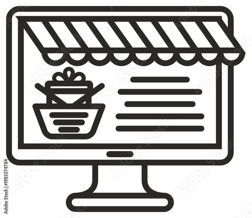 Bild auf Leinwand Online shopping vector icon featuring a computer monitor with a store awning, a shopping basket, and a gift box, representing e-commerce, digital marketplace, and internet retail concepts