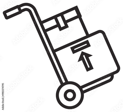 Foto Hand truck with boxes vector icon, minimalist black line illustration of a delivery dolly carrying packages for shipping, logistics, and warehouse transport symbol isolated on white background