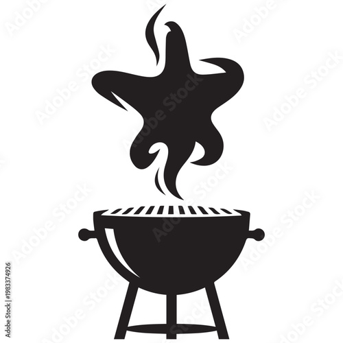 Black barbecue grill icon, outdoor cooking symbol, grill fire vector, BBQ smoker logo