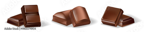 Set of realistic chocolate cubes isolated on transparent background. Detailed vector illustration for dessert design, confectionery packaging, sweets advertising, and food related projects