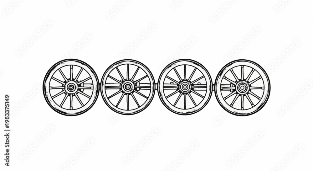 Fototapeta premium Four wooden spoked wagon wheels aligned in a row