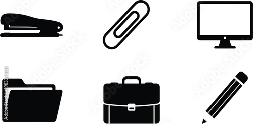Essential office supplies and equipment silhouette set, black vector icons of briefcase, desk lamp, monitor, and stationery isolated on white.