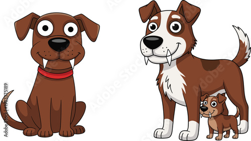 Cartoon Dog and Puppy Character Set, Cute Brown Dog Family in Different Poses, Fun Animal Illustrations for Kids Designs
