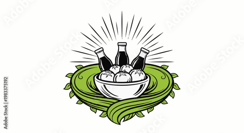 Fresh produce and bottled liquids radiating light, embraced by green leaves