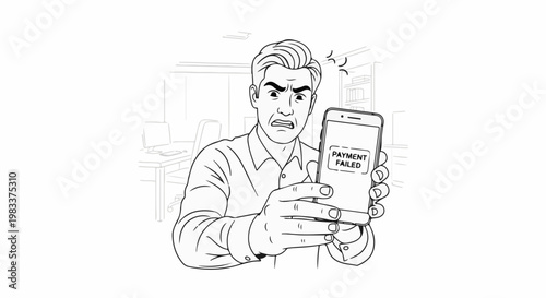 Frustrated man shows phone with 'Payment Failed' message in office