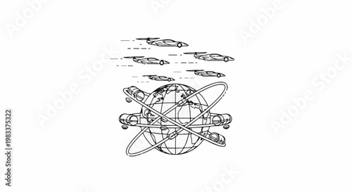 Futuristic aerial vehicles travel around a stylized atomic structure with a globe