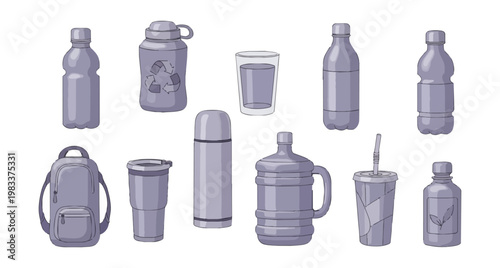 Assortment of water bottles cups and containers in various designs on black background