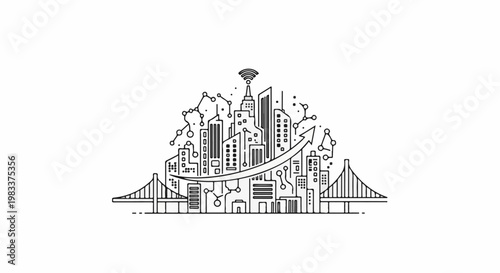 Futuristic cityscape with connecting nodes and growth arrow