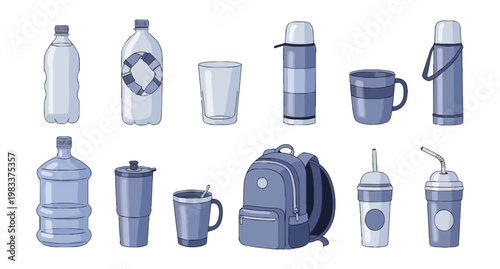 Assortment of water bottles drinkware backpacks and thermoses on black background