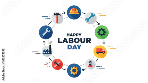 Labour Day Circular Illustration: An eye-catching circular illustration symbolizing Labour Day with work-related icons and festive message in a visually appealing and thematic composition.