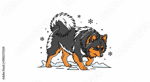 Fluffy dog with bushy tail walks through snowy landscape