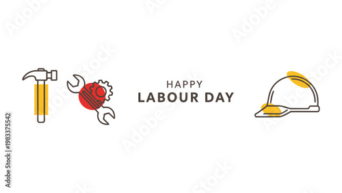 Labour Day Greetings: A minimalist design celebrates Labour Day with simple illustrations of tools and a construction helmet, perfect for acknowledging the hard work and dedication of the workforce.