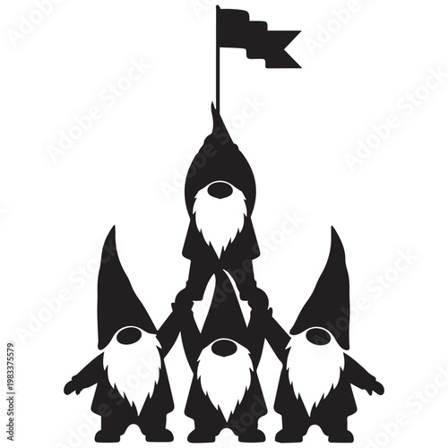 Black and white gnome silhouettes, vector illustration, fantasy creatures, mythical beings, flag bearer