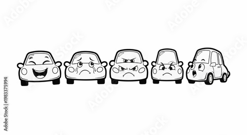 Five cartoon cars show different human emotions through their facial expressions