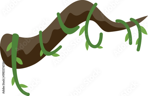 Tree branch with green jungle vines and leaves winding around it