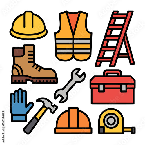 Essential Construction Equipment: A curated arrangement of key construction tools and safety gear. It's a visual guide for projects, designed to equip and inspire.