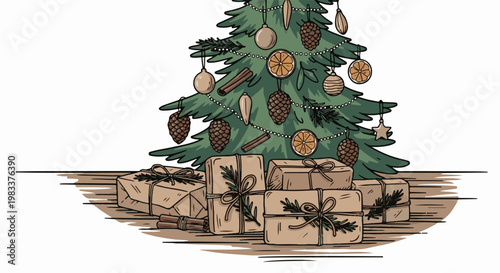 Festive evergreen adorned with pinecones, ornaments, dried orange slices, and cinnamon