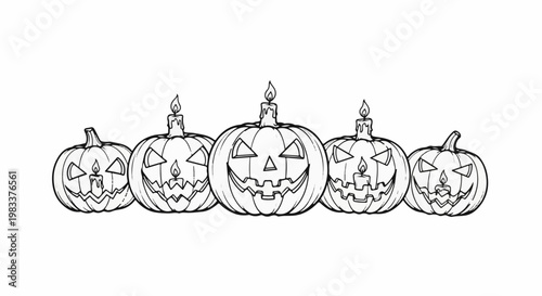Five carved pumpkins with lit candles sit in a row