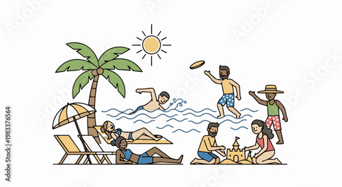 Diverse people enjoying a sunny day at the beach, swimming, playing frisbee, and building sandcastles