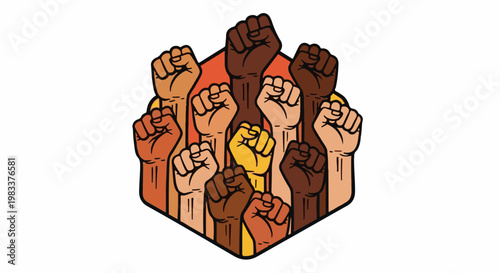 Diverse raised fists in a hexagonal shape